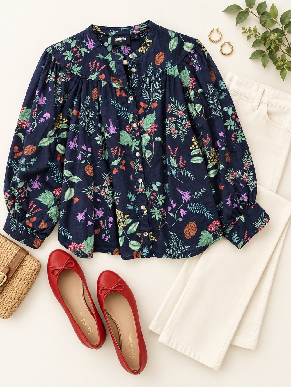 Maeve Navy Botanical Button-Front Blouse